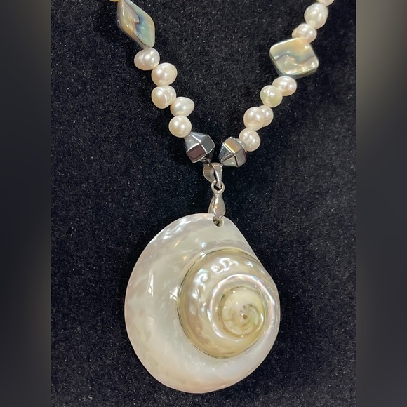 Mixed Freshwater pearl and abalone necklace, blacks, whites and greys - Picture 9 of 14